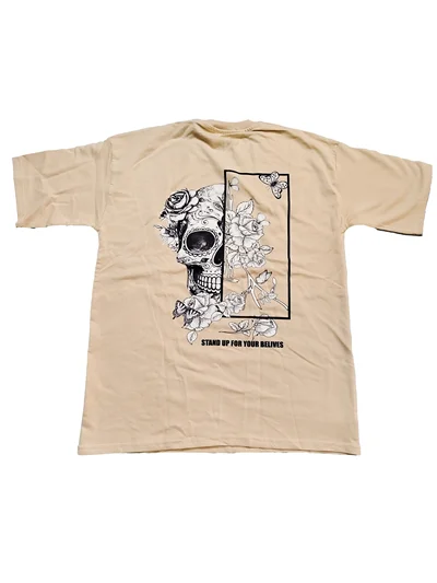 تیشرت طرح اسکلت جمجمه و گل رنگ کرم سایز لارج (L)