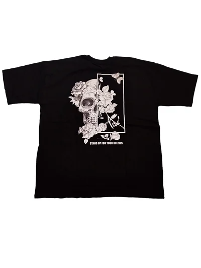 تیشرت طرح اسکلت جمجمه و گل رنگ مشکی سایز (XL)