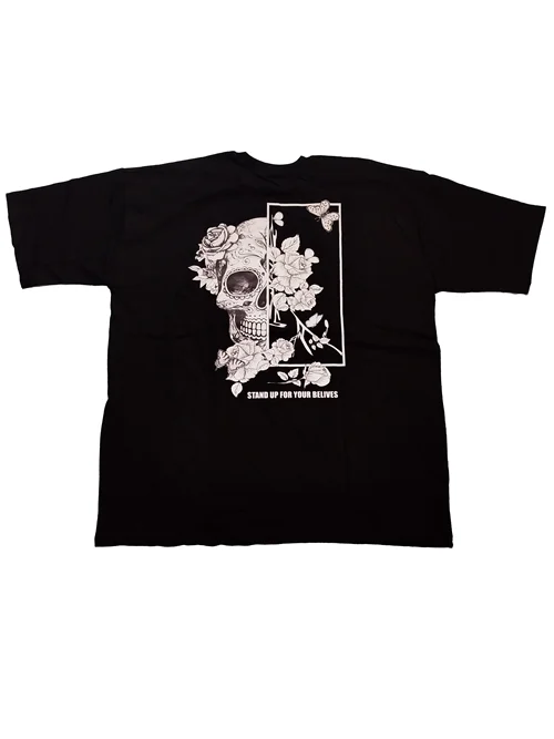 تیشرت طرح اسکلت جمجمه و گل رنگ مشکی سایز (XL)