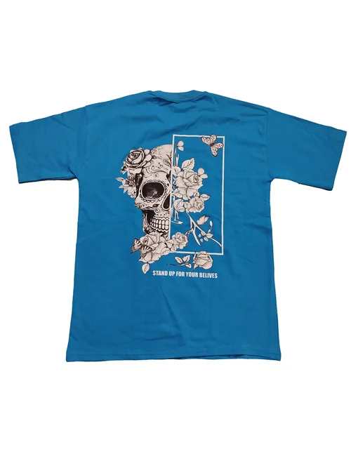 تیشرت طرح اسکلت جمجمه و گل رنگ آبی سایز لارج (L)
